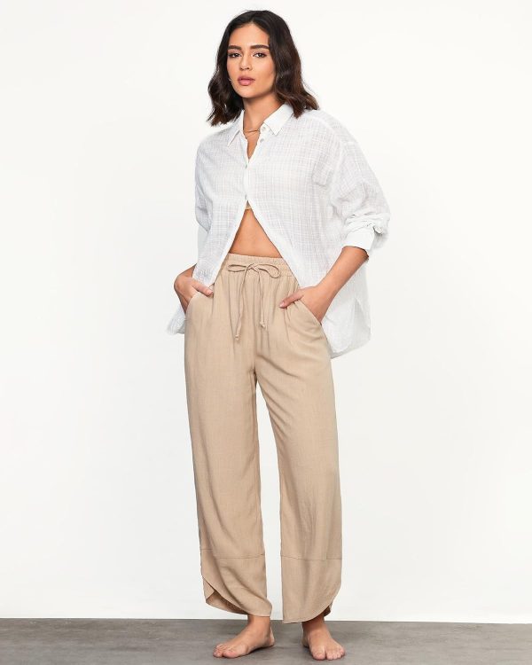 GRAPENT Linen Pants Women High Waisted Wide Leg Casual Beach Pull On Elastic Waist Summer Cropped Pants with Pockets - Image 6