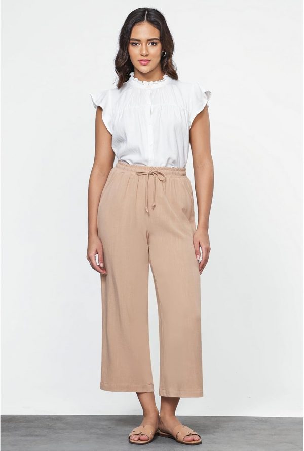 GRAPENT Linen Pants for Women High Waisted Wide Leg Capri Elastic Waist Casual Beach Flowy Cropped Summer Capris Pants