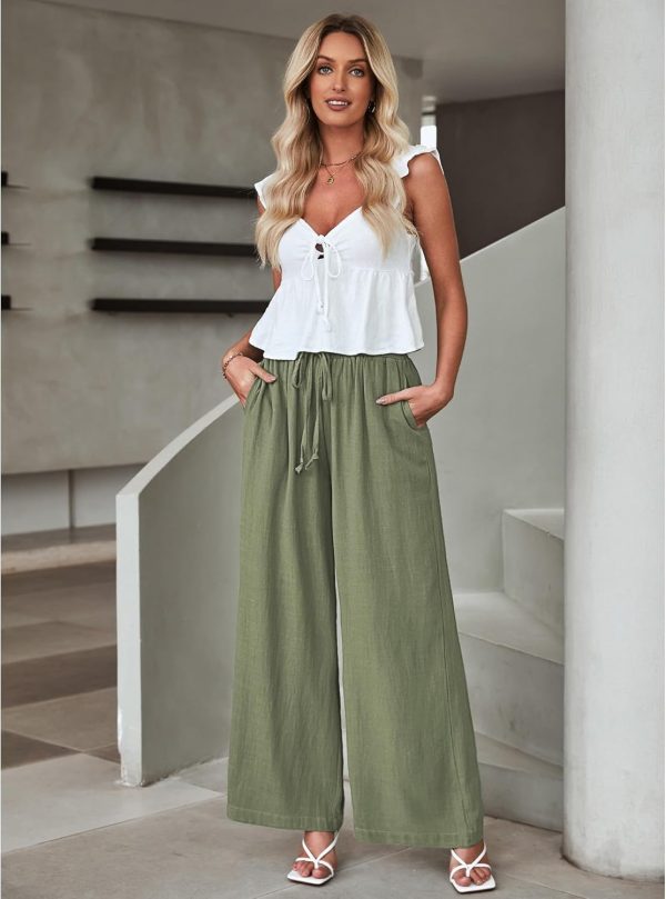 GRAPENT Wide Leg Pants Woman Linen High Waisted Pull On Flowy Casual Baggy Drawstring Palazzo Trousers Pants Resort Wear - Image 6