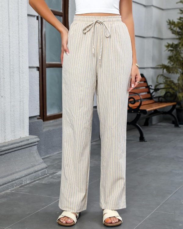GRAPENT Striped Pants for Women High Waisted Wide Leg Cotton Linen Trendy Beach Pull on Elastic Waist Casual Flowy Pants - Image 5