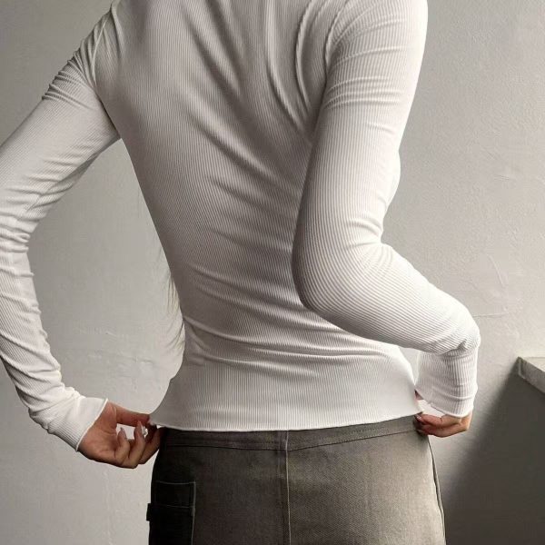 Women's Slim-Fit Crew Neck Partial Zip-Up Long Sleeve T-Shirt, Made Of Special Fabric,Fall Clothes - Image 3