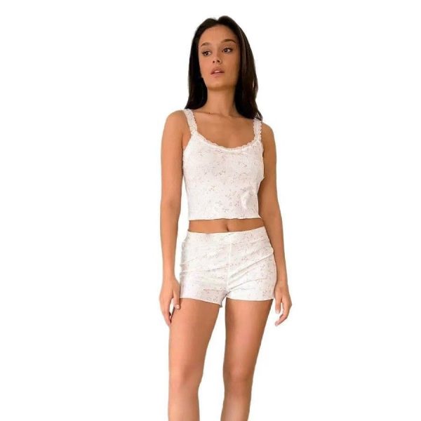 Women's Summer Casual Ditsy Floral Ruched Slim Fit Spaghetti Strap Mini Shorts Two Pieces Set - Image 3